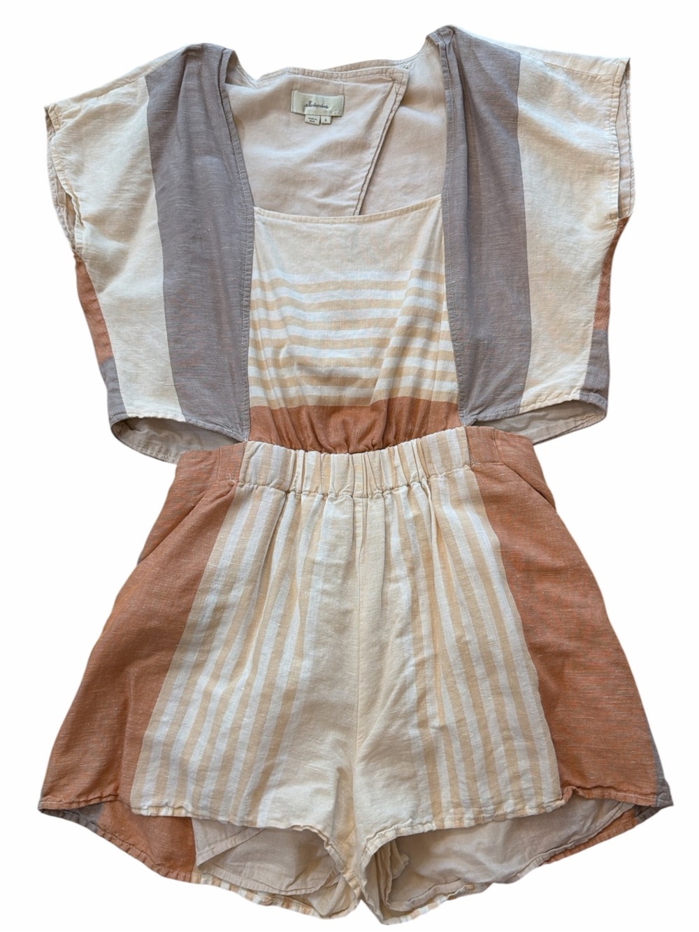 Elevenses Anthropologie Linen Striped Mixed Color Cut Out Open Back Romper